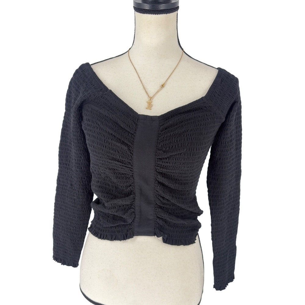 BP Smocked Off‎ Shoulder Long Sleeve Ruched Black Top